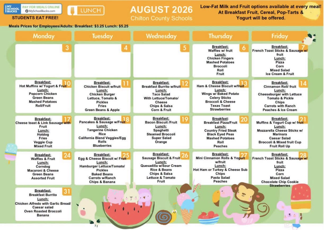 School Menu August 2026